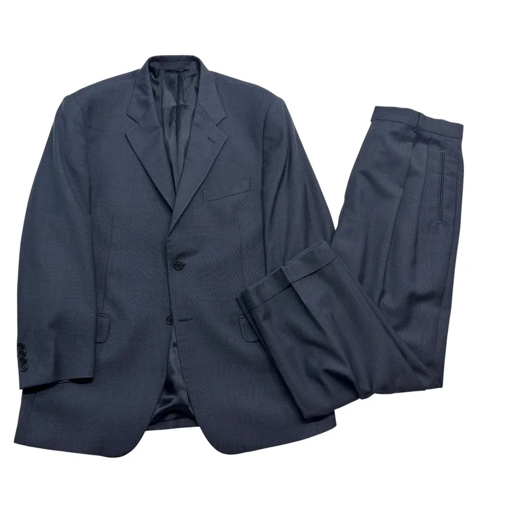 vtg 90s Zanieri Italy 44S 35x28 Navy Blue Plaid 2pc Pant Suit Tasmania Wool